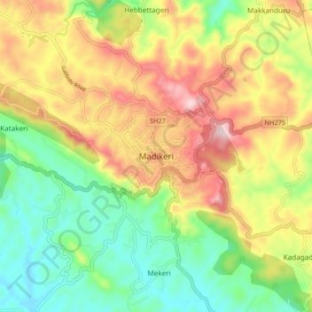 Mapa topográfico Madikeri, altitud, relieve