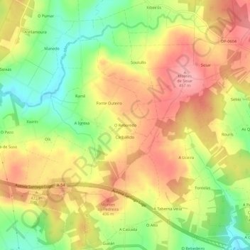 Mapa topográfico O Reboredo, altitud, relieve
