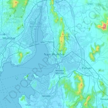 Mapa topográfico Navi Mumbai, altitud, relieve