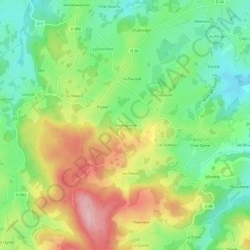 Mapa topográfico Chantagrioux, altitud, relieve