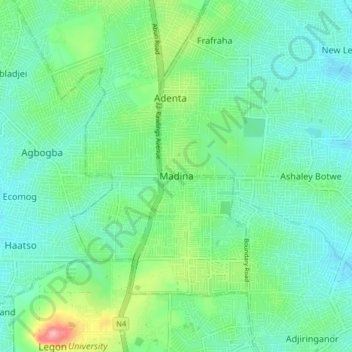 Mapa topográfico Madina, altitud, relieve