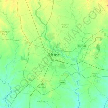 Mapa topográfico Bilaspur, altitud, relieve