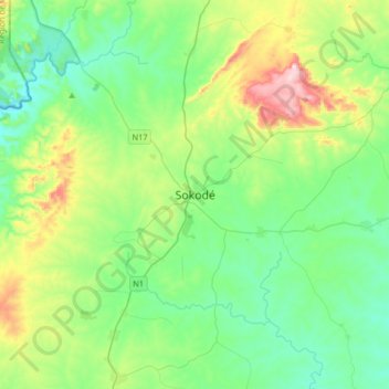 Mapa topográfico Sokodé, altitud, relieve