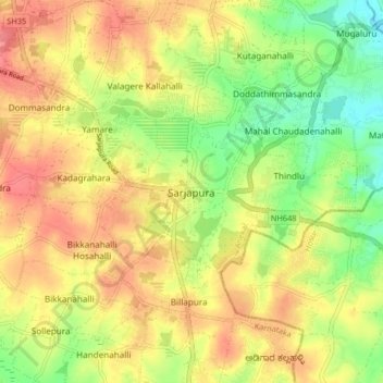 Mapa topográfico Sarjapura, altitud, relieve