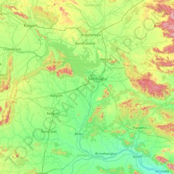 Mapa topográfico Sambalpur, altitud, relieve
