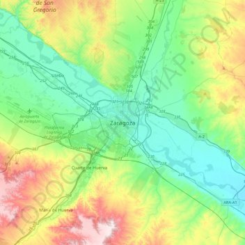Mapa topográfico Zaragoza, altitud, relieve
