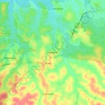 Mapa topográfico Nkawie, altitud, relieve