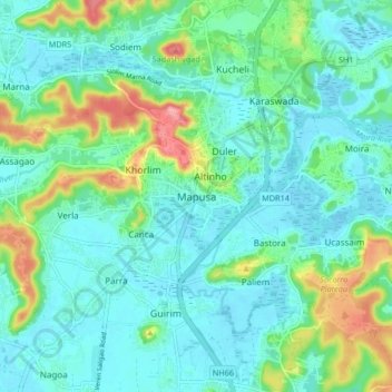 Mapa topográfico Mapusa, altitud, relieve