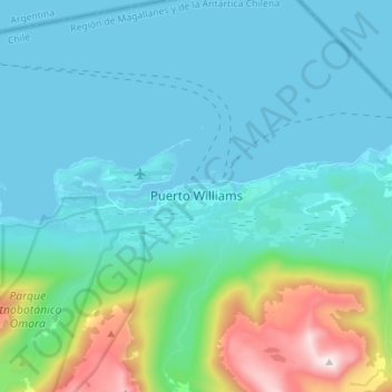 Mapa topográfico Puerto Williams, altitud, relieve