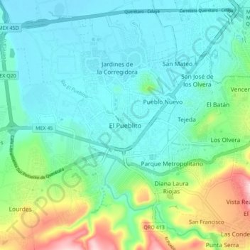 Mapa topográfico El Pueblito, altitud, relieve
