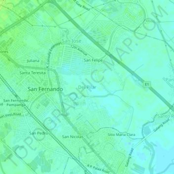 Mapa topográfico Del Pilar, altitud, relieve