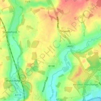 Mapa topográfico Chapmore End, altitud, relieve