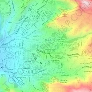Mapa topográfico Ingreso Principal Jardin Botanico Campus de la UMSA, altitud, relieve