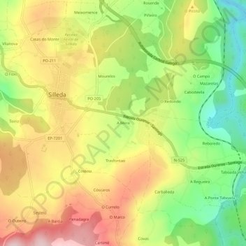 Mapa topográfico A Mera, altitud, relieve