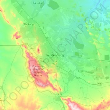 Mapa topográfico Rustenburg, altitud, relieve