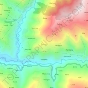 Mapa topográfico Purag, altitud, relieve