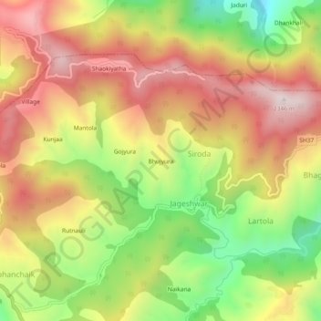 Mapa topográfico Bhujyura, altitud, relieve