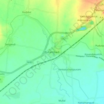 Mapa topográfico Pullambadi, altitud, relieve