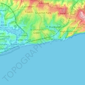 Mapa topográfico St Leonards, altitud, relieve