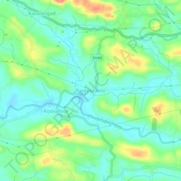Mapa topográfico Pareekkanni, altitud, relieve