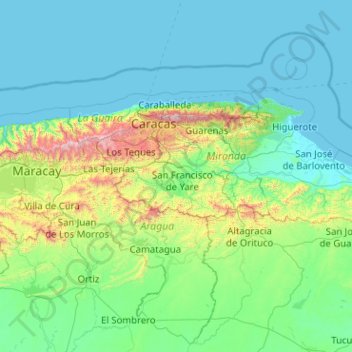 Mapa topográfico Valles del Tuy, altitud, relieve