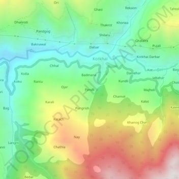Mapa topográfico Pandli, altitud, relieve