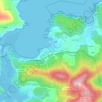 Mapa topográfico O Vicedo, altitud, relieve