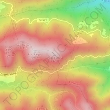 Mapa topográfico Puig d'Estela, altitud, relieve