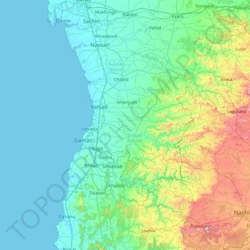 Mapa topográfico Valsad, altitud, relieve