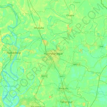 Mapa topográfico Krishnanagar, altitud, relieve