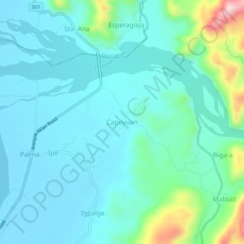 Mapa topográfico Capoyuan, altitud, relieve
