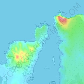 Mapa topográfico Fornells, altitud, relieve