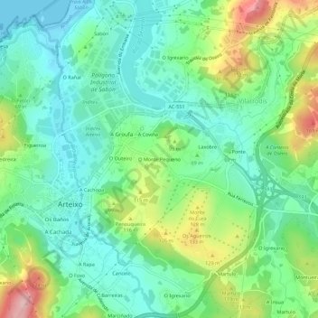 Mapa topográfico O Monte Pequeno, altitud, relieve