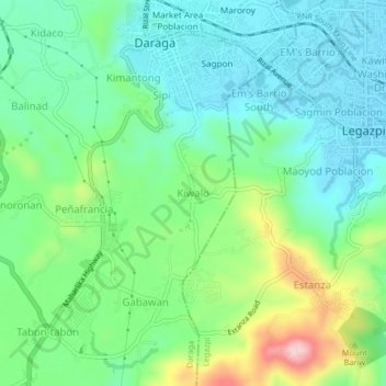 Mapa topográfico Kiwalo, altitud, relieve