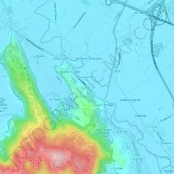 Mapa topográfico Bugano, altitud, relieve
