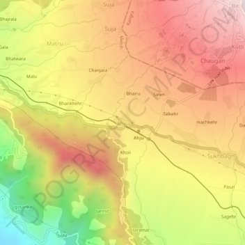Mapa topográfico Ahju, altitud, relieve