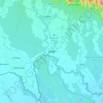 Mapa topográfico Dhangadhi, altitud, relieve