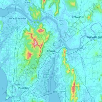 Mapa topográfico Thane, altitud, relieve