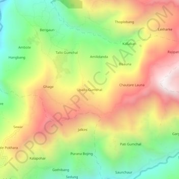Mapa topográfico Upallo Gumchal, altitud, relieve