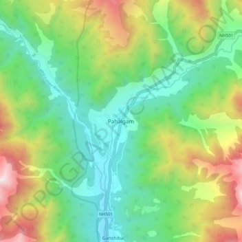 Mapa topográfico Pahalgam, altitud, relieve