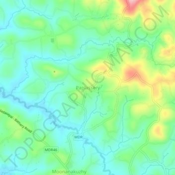 Mapa topográfico Paplassery, altitud, relieve