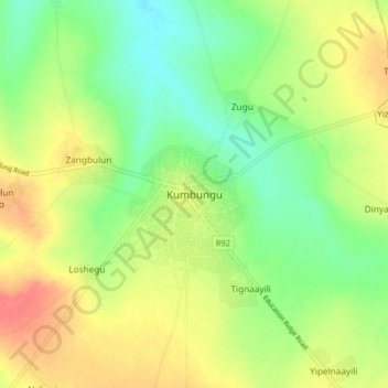 Mapa topográfico Kumbungu, altitud, relieve