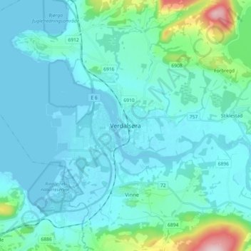 Mapa topográfico Verdalsøra, altitud, relieve
