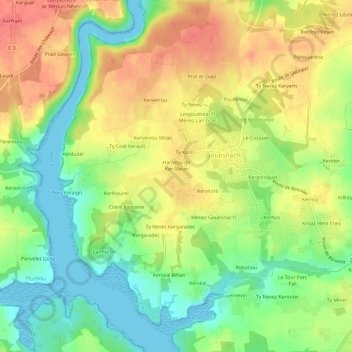 Mapa topográfico Menez Bris, altitud, relieve