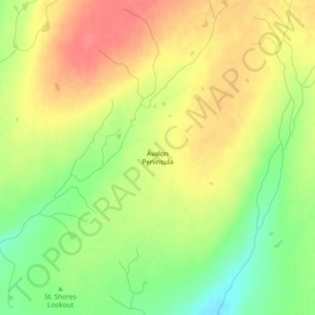 Mapa topográfico Avalon Peninsula, altitud, relieve
