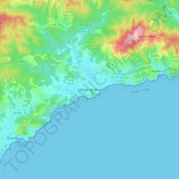 Mapa topográfico Lloret de Mar, altitud, relieve