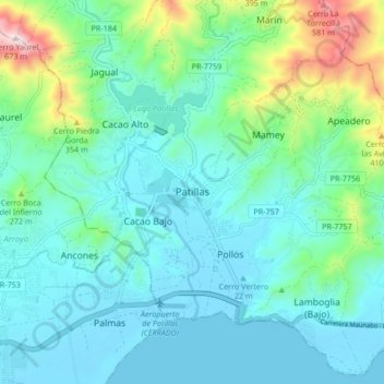 Mapa topográfico Patillas, altitud, relieve