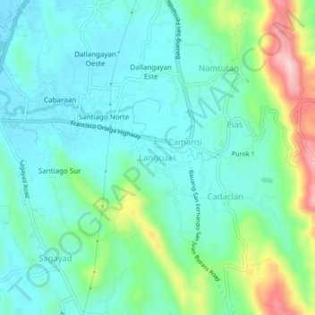 Mapa topográfico Langcuas, altitud, relieve