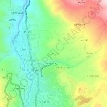 Mapa topográfico Curhuas, altitud, relieve