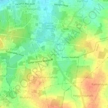 Mapa topográfico Gunjuru, altitud, relieve